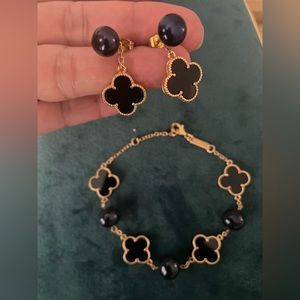 Handmade 2Pc freshwater pearl & onyx clover bracelet, 2 way earrings set. New.